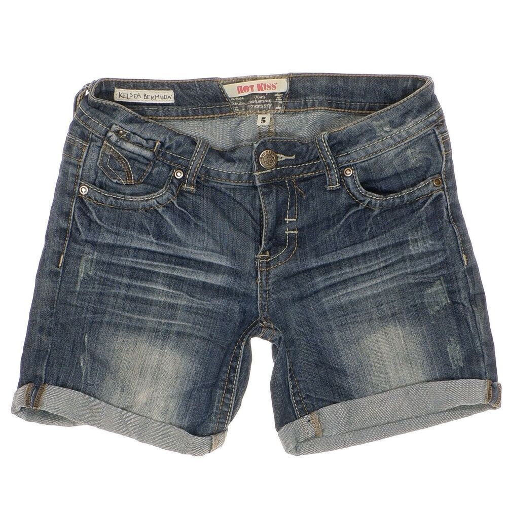 Hot Kiss Kelsea Bermuda Shorts Size 5 W28 Juniors Roll Cuff Distress Blue Denim